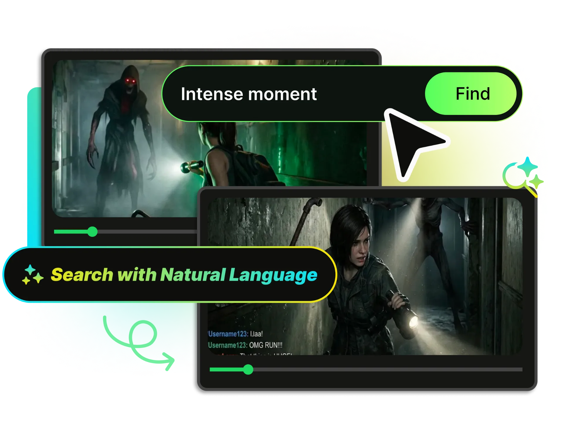 WayinVideo interface showing natural language search used to find specific moments in a video